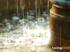 Horny swingers get it going in the balcony at the mansion