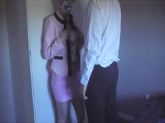 Skirt suit, satin blouse, panties, clothed cum on blouse