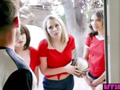 Teen BFFs play with their favorite soccer players balls