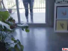 Busty stepmom wiping windows with tits